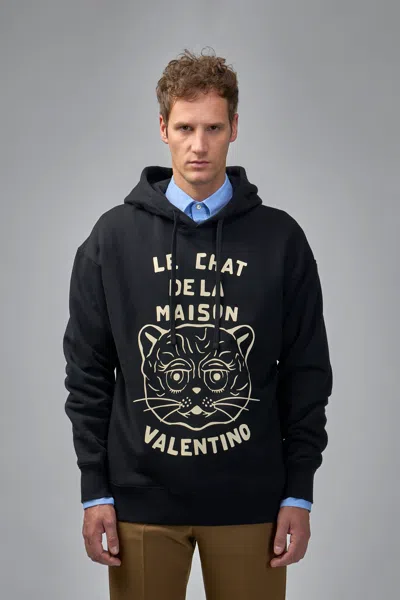 Valentino Jersey Felpa Le Chat De La Maison In Black