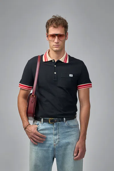 Valentino Cotton Piqué Polo Shirt With Vlogo Patch In Black