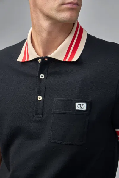 Valentino Cotton Piqué Polo Shirt With Vlogo Patch In Black