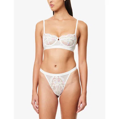 Lounge Womens White Blossom-print Lace Thong Xs In White