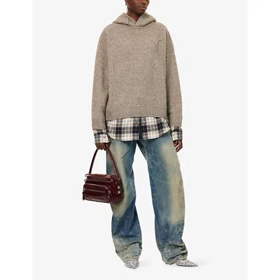 Acne Studios Womens Beige Melange Contrast-check-print Relaxed-fit Wool-blend Hoodie Xs In Neutral