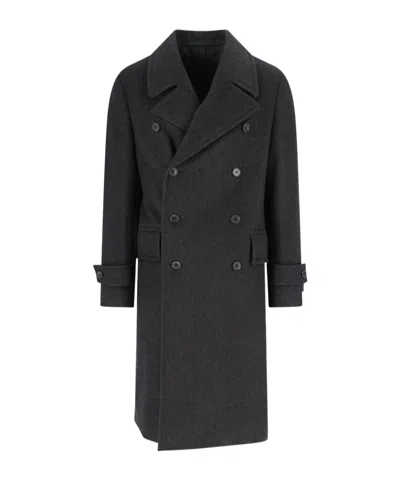 Caruso Double-breasted Grey Coat With Notched Lapel In Black