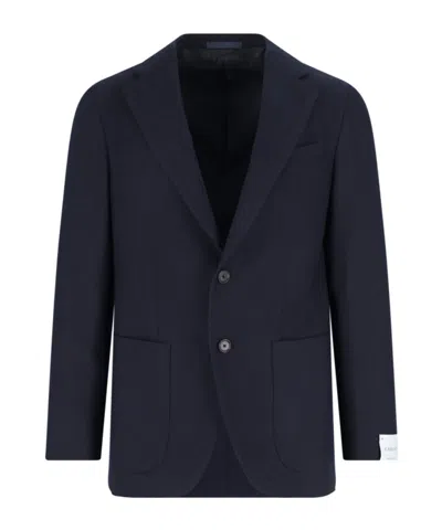Caruso Tailored Black Herringbone Jacket With Notched Lapel In Blue