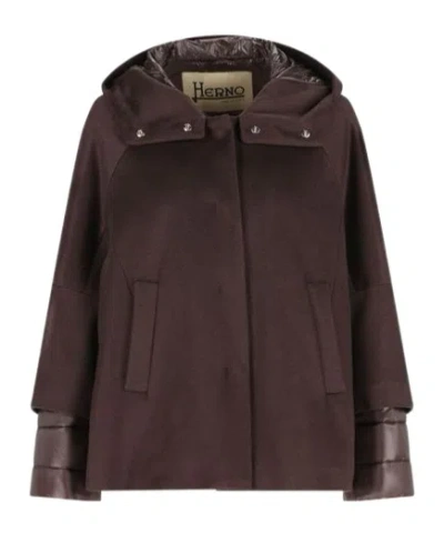Herno Pure Cashmere Cape With Ultralight Nylon Sleeves And Cozy Hood In Brown