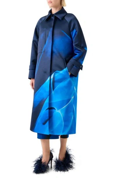 Akris Elliot Silk Duchess Alysons Cyanotype-print Oversized Coat In Blue