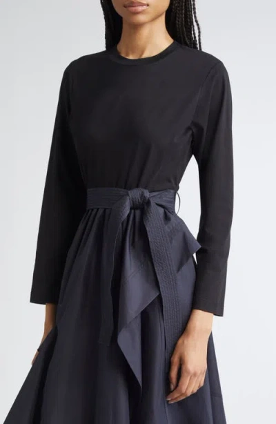 3.1 Phillip Lim Mixed Media Long Sleeve Handkerchief Hem Cotton Blend Dress In Black
