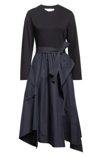 3.1 Phillip Lim Mixed Media Long Sleeve Handkerchief Hem Cotton Blend Dress In Black