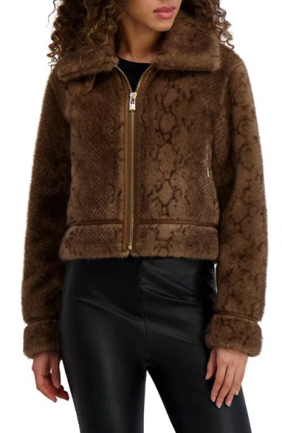 Karl Lagerfeld Women's Faux Leopard Fur Funnel Collar Jacket In Brown