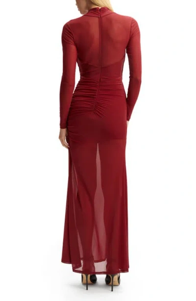 Bardot Veria Front Wrap Long Sleeve Mesh Gown In Red