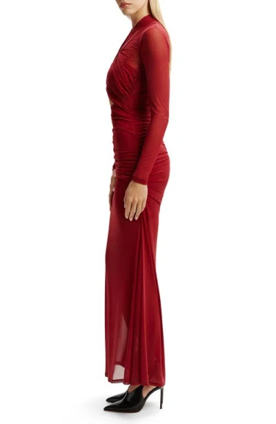 Bardot Veria Front Wrap Long Sleeve Mesh Gown In Red