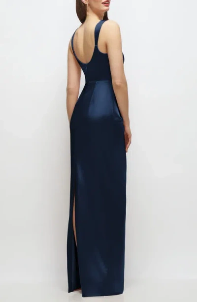 After Six Square Neck Satin Charmeuse Column Gown In Blue