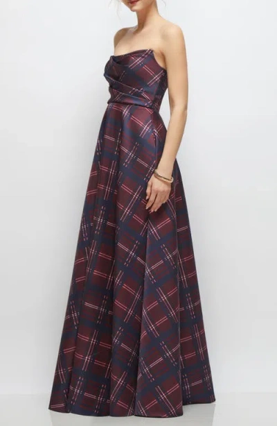 Dessy Collection Tartan Strapless Gown In Red