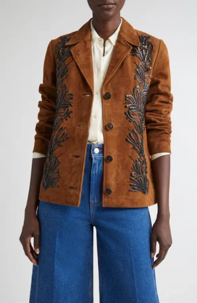 St John St. John Ojai Sequin & Bead Embellished Suede Jacket In Gold