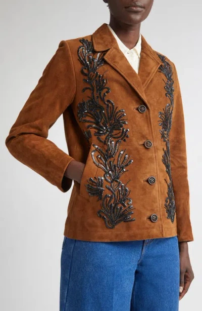 St John St. John Ojai Sequin & Bead Embellished Suede Jacket In Gold