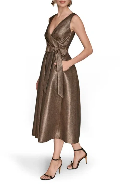 Donna Karan Wrap Effect Bow Waist Midi Gown In Brown