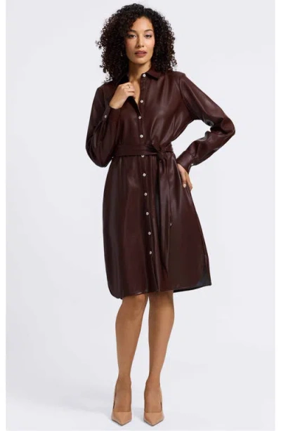 Foxcroft Rocca Long Sleeve Faux Leather Shirtdress In Brown