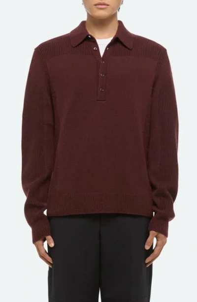 Helmut Lang Relaxed Fit Block Knit Wool Polo Sweater In Burgundy