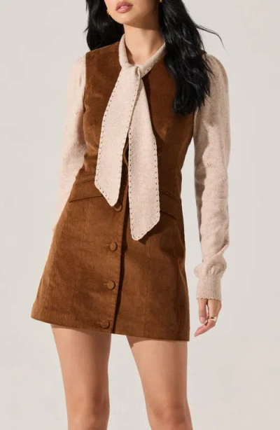 Astr The Label Gisselle Mixes Media Long Sleeve Corduroy Minidress In Brown
