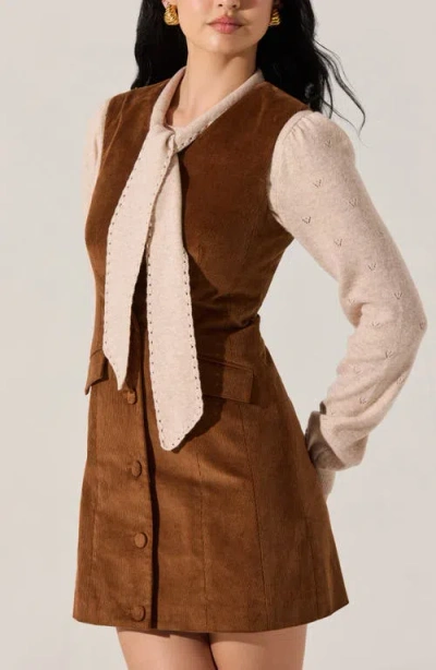 Astr The Label Gisselle Mixes Media Long Sleeve Corduroy Minidress In Brown