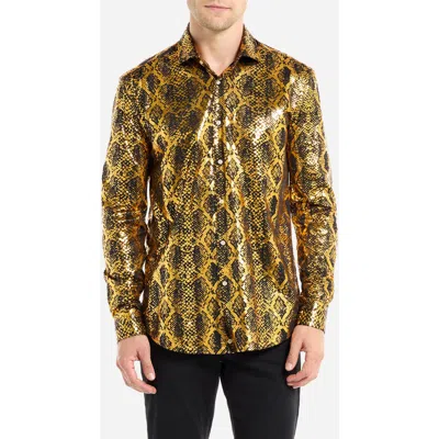 Opposuits Modern Tailored Fit Shiny Snake Wrinkle Resistant Button-up Shirt In Gold