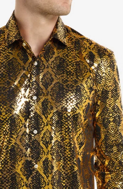 Opposuits Modern Tailored Fit Shiny Snake Wrinkle Resistant Button-up Shirt In Gold