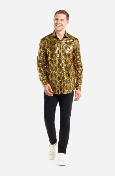 Opposuits Modern Tailored Fit Shiny Snake Wrinkle Resistant Button-up Shirt In Gold