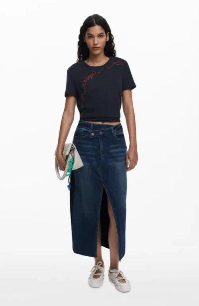 Desigual Mixed Media Denim Midi Skirt In Blue