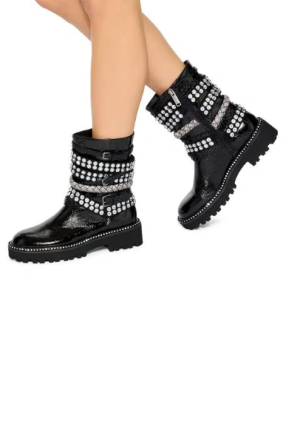Kurt Geiger Crystal-embellished Multi-strap Biker Boots In Black