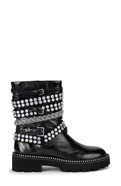 Kurt Geiger Crystal-embellished Multi-strap Biker Boots In Black