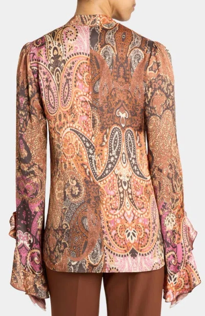 Santorelli Sienna Long Sleeve Blouse With Neck Tie In Printed Charmeuse In Neutral