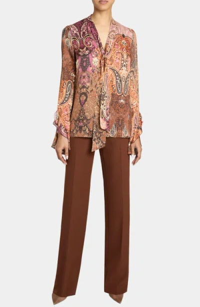 Santorelli Sienna Long Sleeve Blouse With Neck Tie In Printed Charmeuse In Neutral