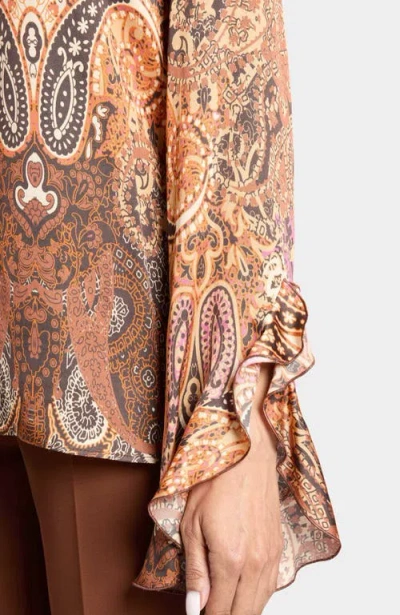 Santorelli Sienna Long Sleeve Blouse With Neck Tie In Printed Charmeuse In Neutral