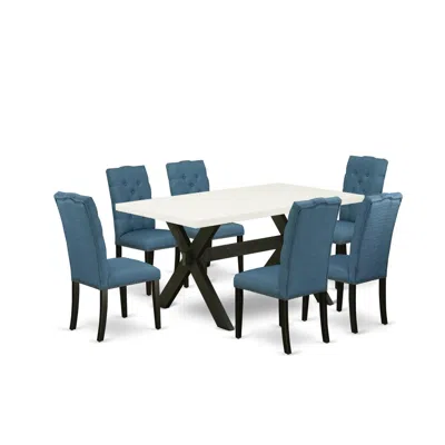 East West Furniture 7-piece Stylish Dining Room Table Set An Outstanding Linen White Rectangular Table Top And 6 Beautif In Blue