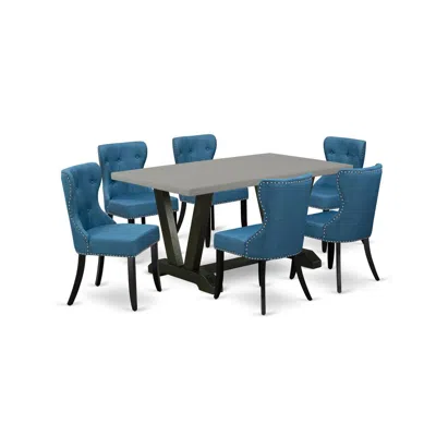 East West Furniture 7-piece Dining Table Set- 6 Upholstered Dining Chairs With Blue Linen Fabric Seat And Button Tufted  In Blue