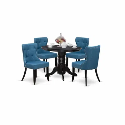 East West Furniture A Wooden Dining Table Set Of 4 Wonderful Dining Room Chairs With Linen Fabric Mineral Blue Color And In Blue