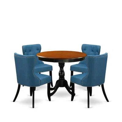 East West Furniture 5-piece Dining Table Set Contains A Mid Century Dining Table And 4 Blue Linen Fabric Midcentury Mode In Blue