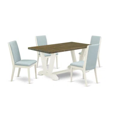 East West Furniture 5pc Dining Table Set Includes A Dining Room Table And 4 Parson Chairs With Baby Blue Color Linen Fab In Blue