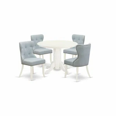 East West Furniture A Dining Room Table Set Of 4 Amazing Parson Chairs With Linen Fabric Baby Blue Color And A Gorgeous  In Blue