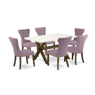 East West Furniture 7-piece Dining Table Set- 6 Dining Padded Chairs With Dahlia Linen Fabric Seat And Button Tufted Cha In Purple