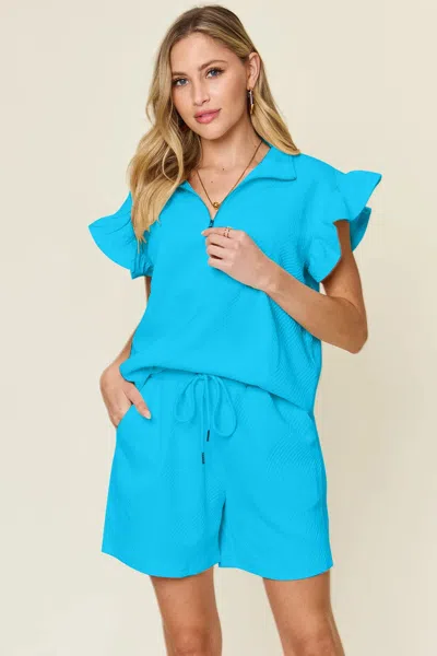 Truedames Full Size Texture Flounce Sleeve Top And Drawstring Shorts Set In Blue