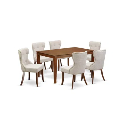 East West Furniture A Dining Table Set Of 6 Great Parson Chairs With Linen Fabric Doeskin Color And An Attractive Wood T In Neutral