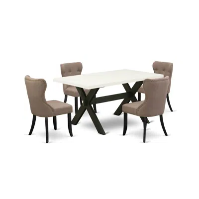 East West Furniture 5-pc Dining Room Table Set-coffee Linen Fabric Seat And Button Tufted Back Parson Dining Chairs And 