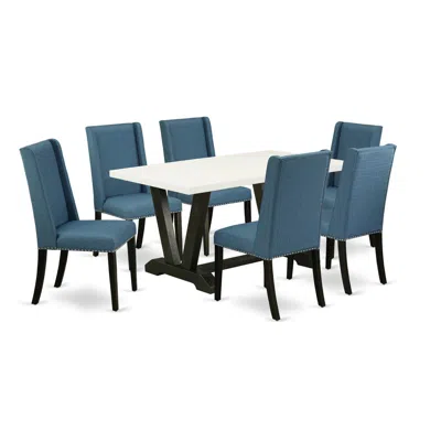 East West Furniture 7-piece Modern An Outstanding Linen White Rectangular Dining Table Top And 6 Stunning Linen Fabric K In Blue