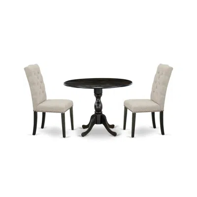 East West Furniture 3 Piece Wood Dining Table Set Includes 1 Drop Leaves Dining Table And 2 Doeskin Linen Fabric Dining  In Black