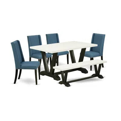 East West Furniture 6-piece Stylish Dining Set A Superb Linen White Wood Table Top And Linen White Wooden Bench And 4 St In Blue
