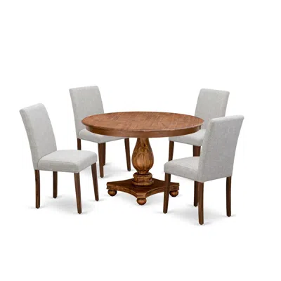 East West Furniture 5-piece Dinette Set - Pedestal Dinner Table And 4 Doeskin Color Parson Wooden Chairs With High Back In Brown