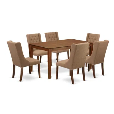 East West Furniture 7-pc Dining Room Set 6 Light Sable Linen Fabric Dining Room Chairs With Button Tufted Back In Brown