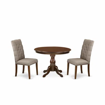East West Furniture 3 Piece Dining Room Table Set - Mahogany Dining Table And 2 Dark Khaki Linen Fabric Chairs For Dinin In Brown