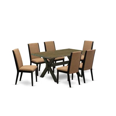 East West Furniture 7-piece Beautiful Dining Set An Outstanding Distressed Jacobean Dining Table Top And 6 Stunning Line In Brown