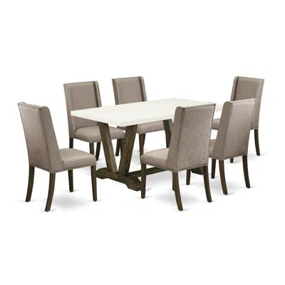 East West Furniture 7-piece Small Dining Table Set - 6 Upholstered Dining Chairs And Dining Table Solid Wood Frame In Brown